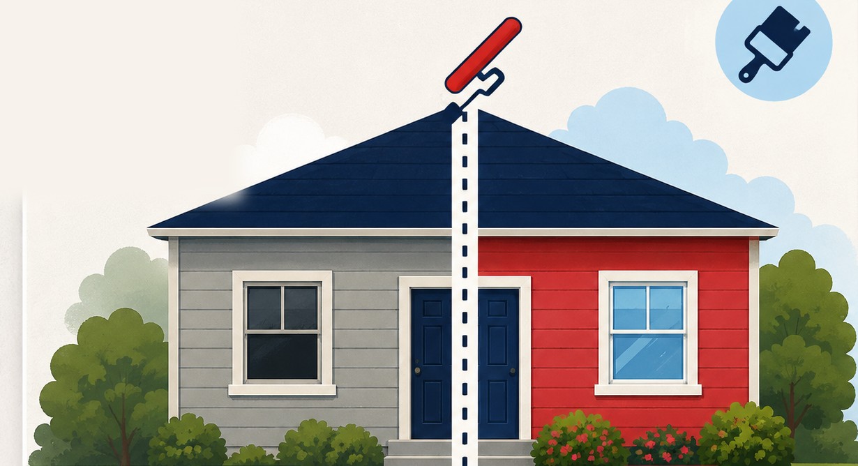 Illustration of a house before painting (gray, dull siding) and after Pia Painting LLC's work (fresh red siding), split by a paint roller stroke down the middle